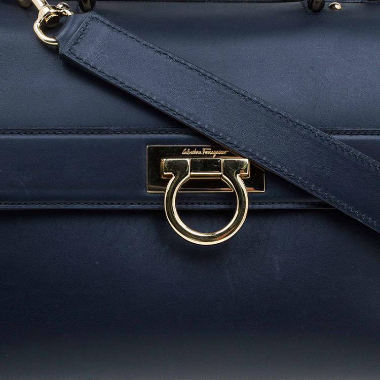 Pre Owned Salvatore Ferragamo Navy Blue Leather and Suede Medium Sofia Top Handle Bag