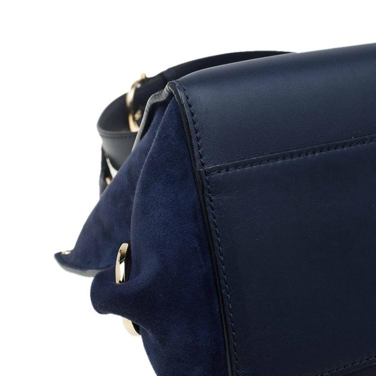 Pre Owned Salvatore Ferragamo Navy Blue Leather and Suede Medium Sofia Top Handle Bag