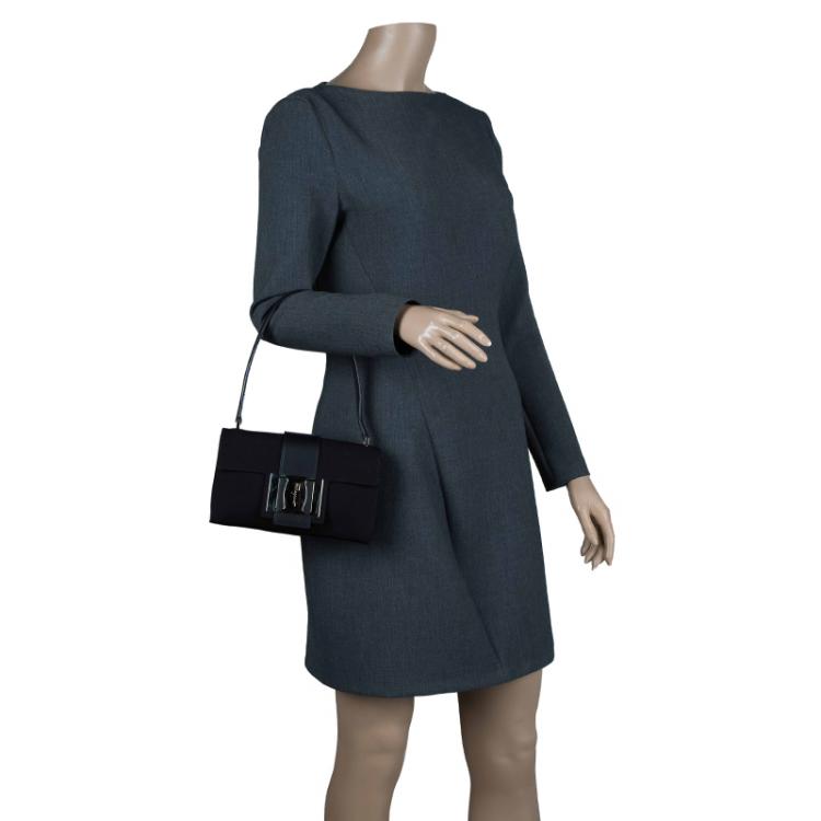 Pre Owned Salvatore Ferragamo Black Fabric Flap Buckle Shoulder Bag