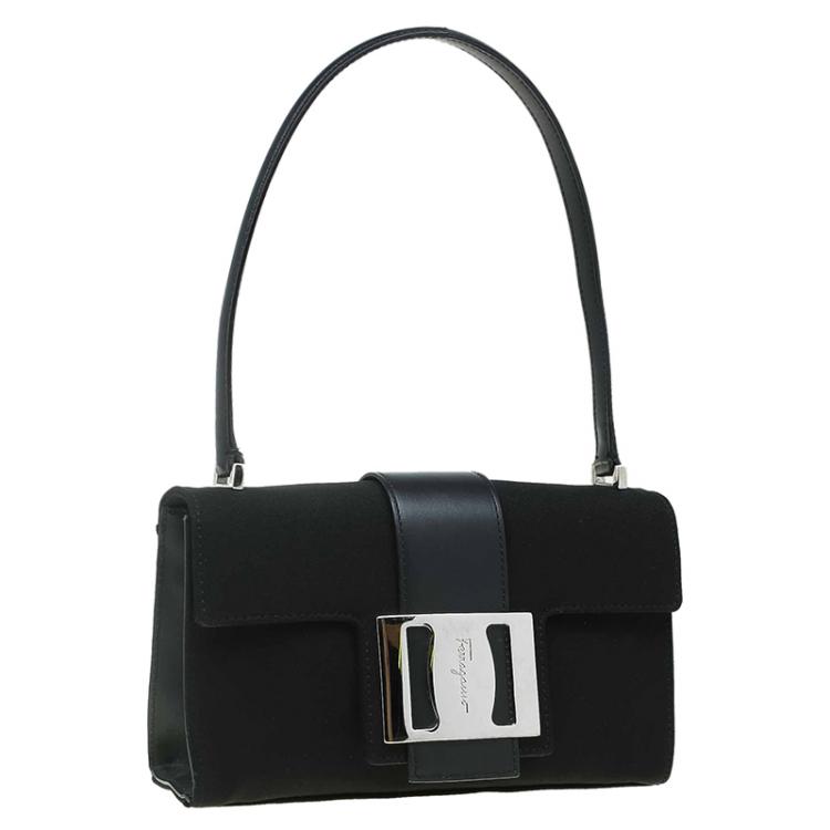 Pre Owned Salvatore Ferragamo Black Fabric Flap Buckle Shoulder Bag