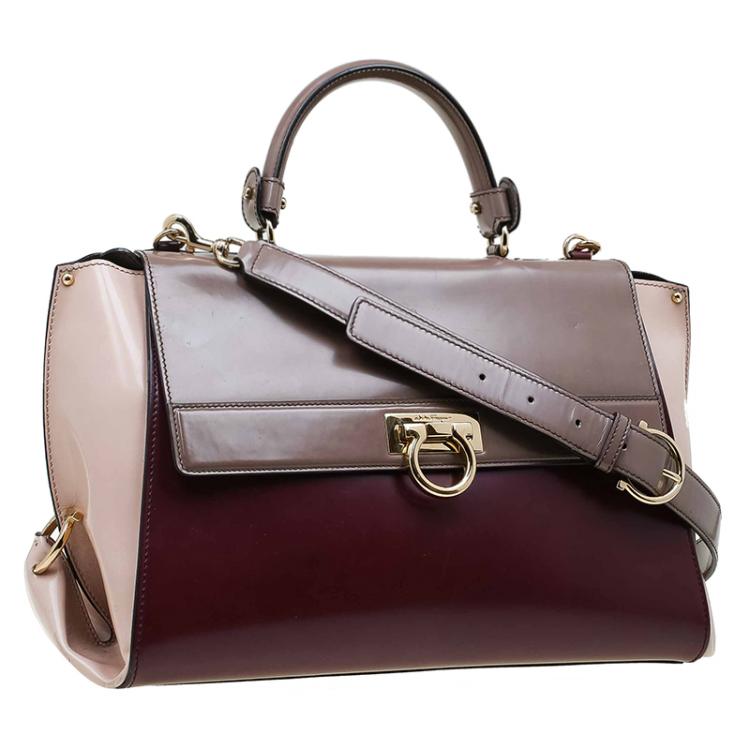 Pre Owned Salvatore Ferragamo Tri Color Glazed Leather Large Sofia Satchel 