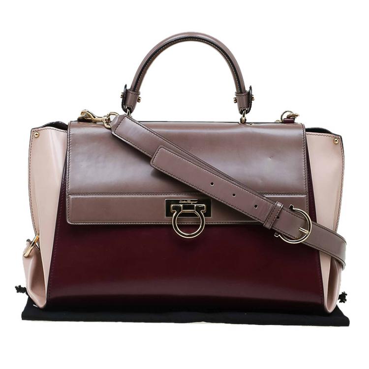 Pre Owned Salvatore Ferragamo Tri Color Glazed Leather Large Sofia Satchel 