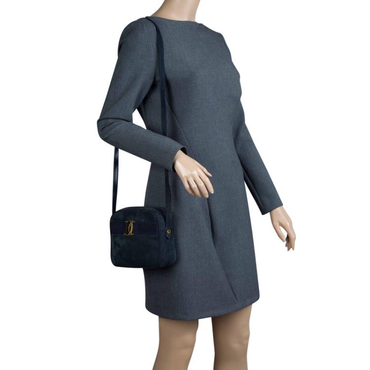 Pre Owned Salvatore Ferragamo Navy Blue Suede Vara Crossbody Bag