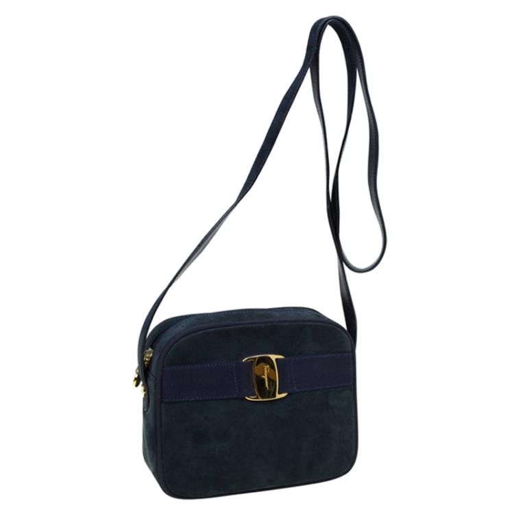 Pre Owned Salvatore Ferragamo Navy Blue Suede Vara Crossbody Bag
