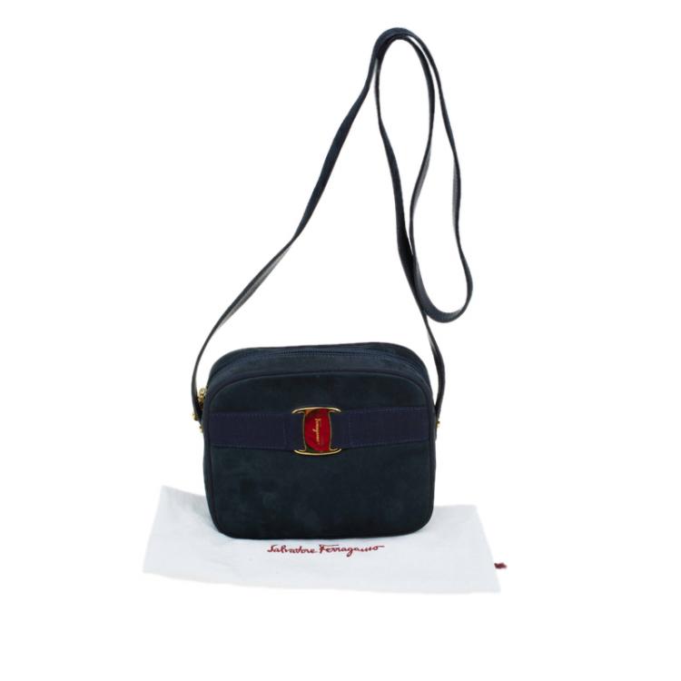 Pre Owned Salvatore Ferragamo Navy Blue Suede Vara Crossbody Bag