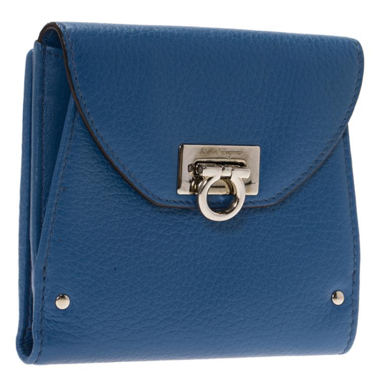 Pre Owned Salvatore Ferragamo Blue Leather Tri Fold Wallet