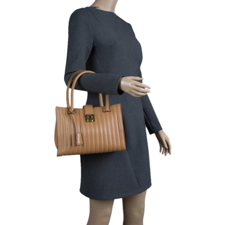 Pre Owned Salvatore Ferragamo Brown Vertical Stripe Leather Marlene Tote