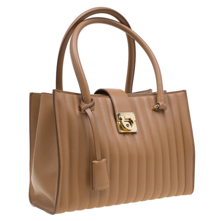 Pre Owned Salvatore Ferragamo Brown Vertical Stripe Leather Marlene Tote