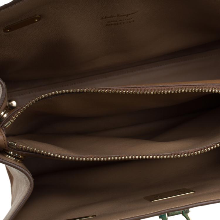 Pre Owned Salvatore Ferragamo Brown Vertical Stripe Leather Marlene Tote