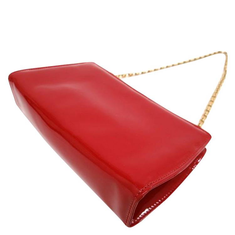 Pre Owned Salvatore Ferragamo Red Patent Leather Chain Shoulder Bag