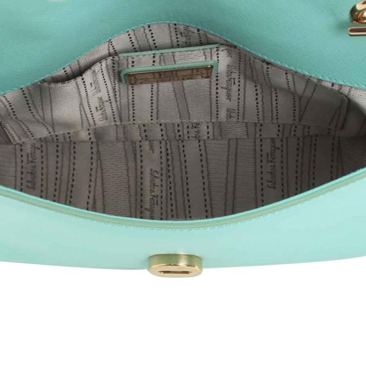 Pre Owned Salvatore Ferragamo Mint Green Leather Gancini Flap Bag