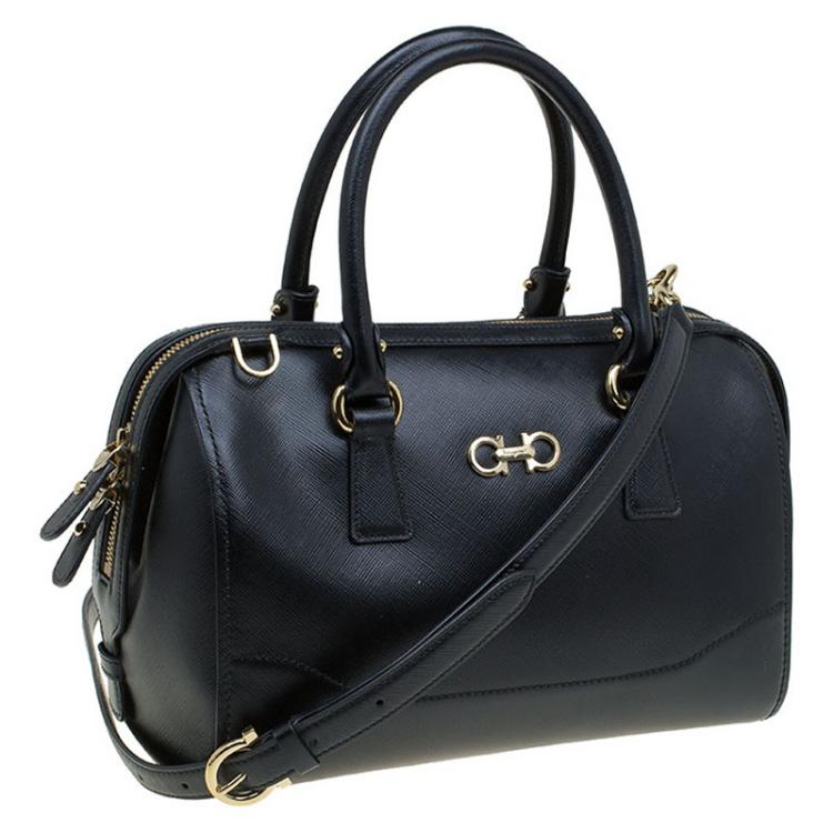 Pre Owned Salvatore Ferragamo Black Leather Bowling Bag