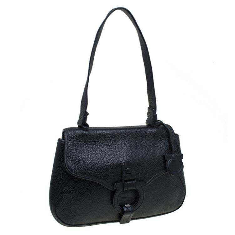 Pre Owned Salvatore Ferragamo Black Pebbled Leather Shoulder Bag