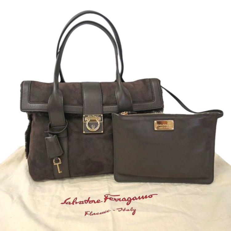 Pre Owned Salvatore Ferragamo Dark Brown Mouton/Leather Sookie Tote