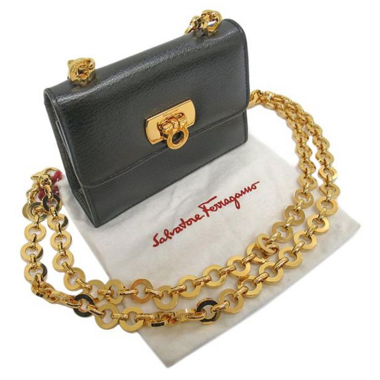 Pre Owned Salvatore Ferragamo Black Calf Leather Mini Gancini Pochette Bag
