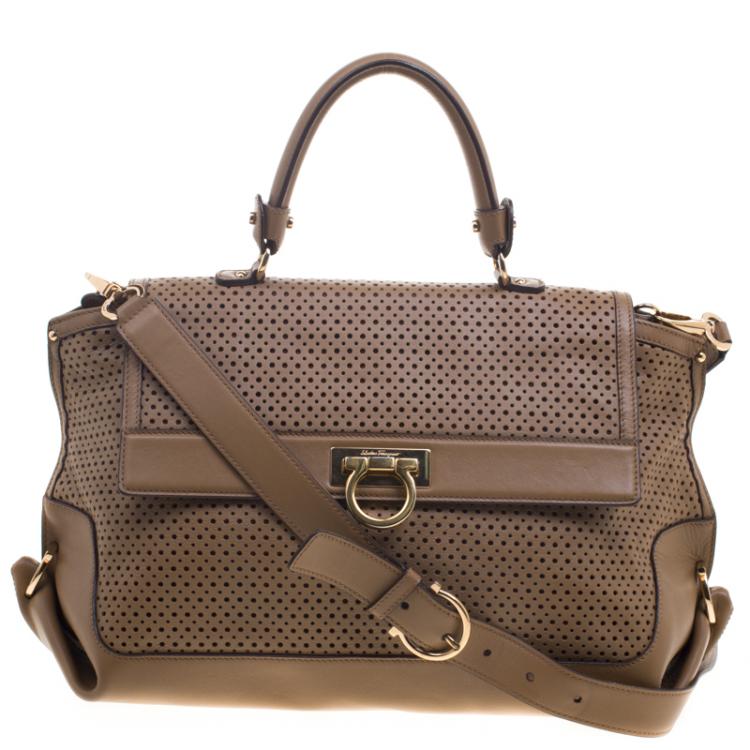 Pre Owned Salvatore Ferragamo Brown Perforated Leather Large Sofia Satchel
