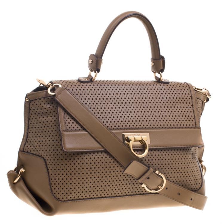 Pre Owned Salvatore Ferragamo Brown Perforated Leather Large Sofia Satchel