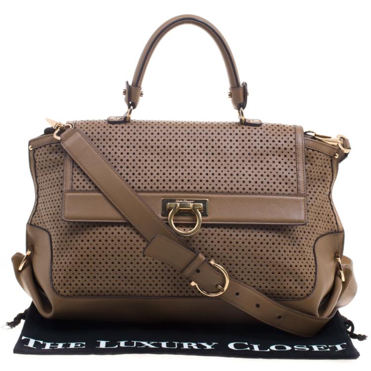 Pre Owned Salvatore Ferragamo Brown Perforated Leather Large Sofia Satchel