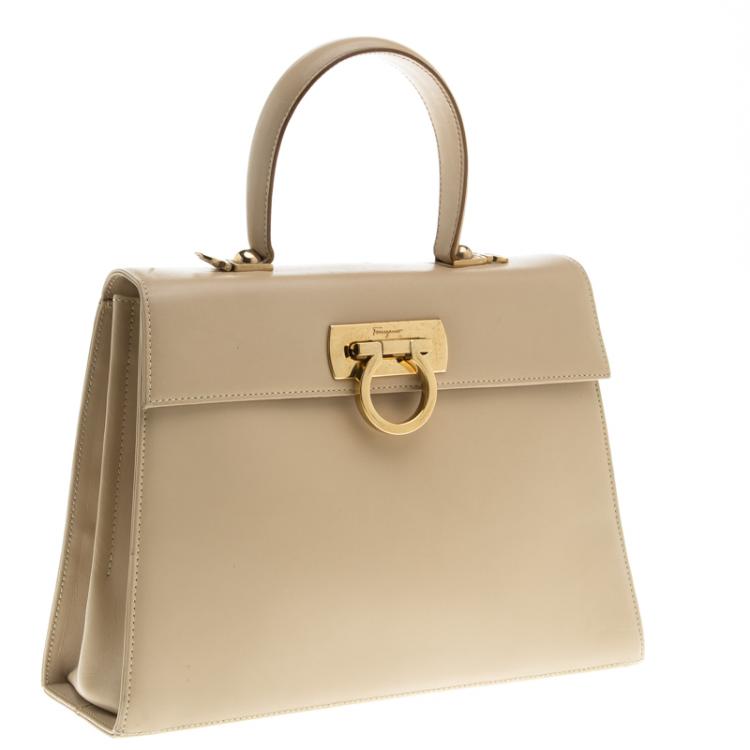 Pre Owned Salvatore Ferragamo Beige Leather Kelly Top Handle Bag