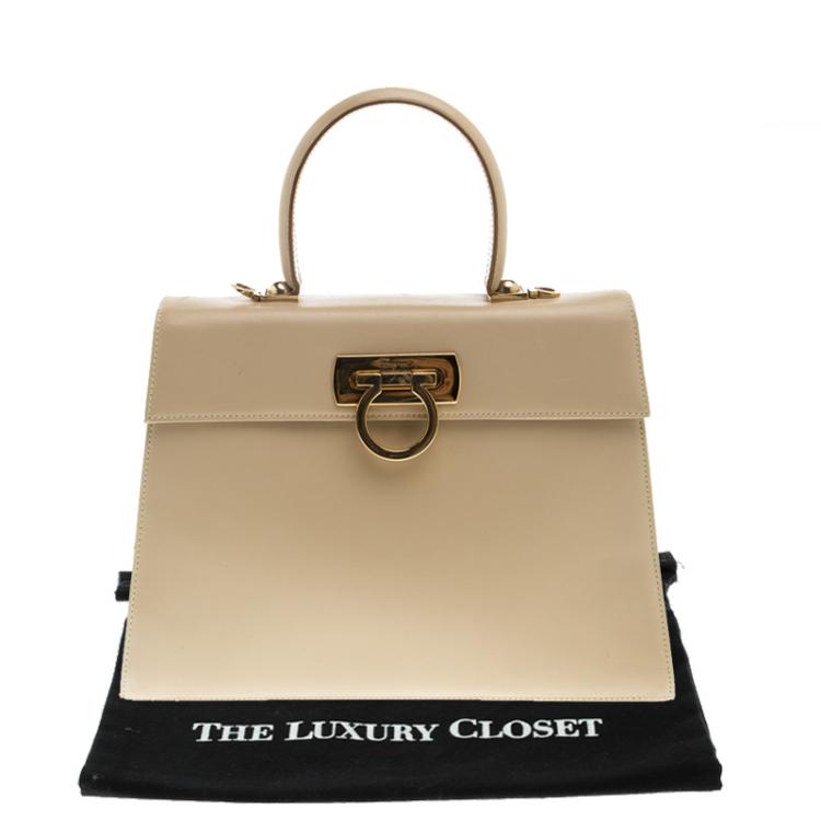 Pre Owned Salvatore Ferragamo Beige Leather Kelly Top Handle Bag