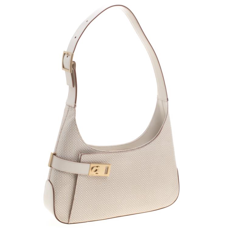 Pre Owned Salvatore Ferragamo Light Beige Leather Printed Gancio Shoulder Bag