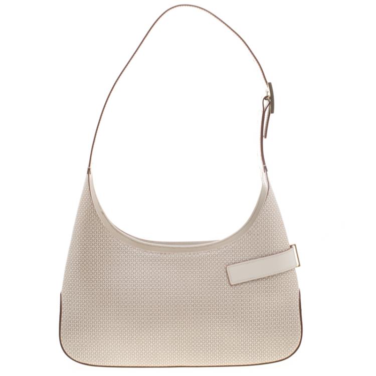 Pre Owned Salvatore Ferragamo Light Beige Leather Printed Gancio Shoulder Bag