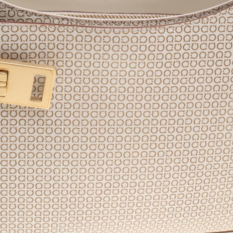 Pre Owned Salvatore Ferragamo Light Beige Leather Printed Gancio Shoulder Bag