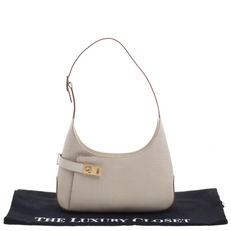 Pre Owned Salvatore Ferragamo Light Beige Leather Printed Gancio Shoulder Bag