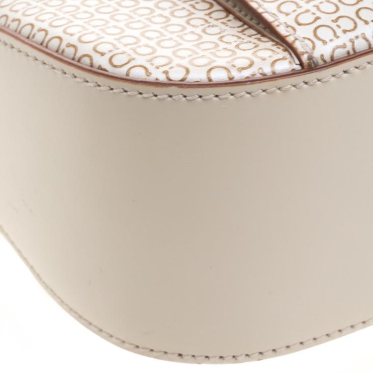 Pre Owned Salvatore Ferragamo Light Beige Leather Printed Gancio Shoulder Bag