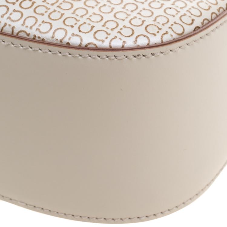 Pre Owned Salvatore Ferragamo Light Beige Leather Printed Gancio Shoulder Bag