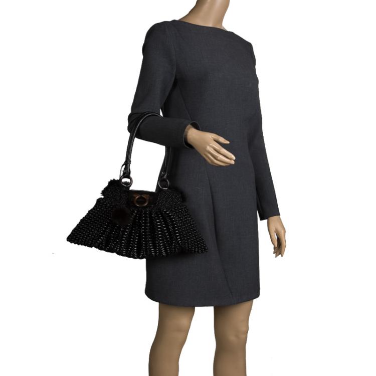 Pre Owned Salvatore Ferragamo Black Beaded and Lizard Trim with Fur Lining Tote