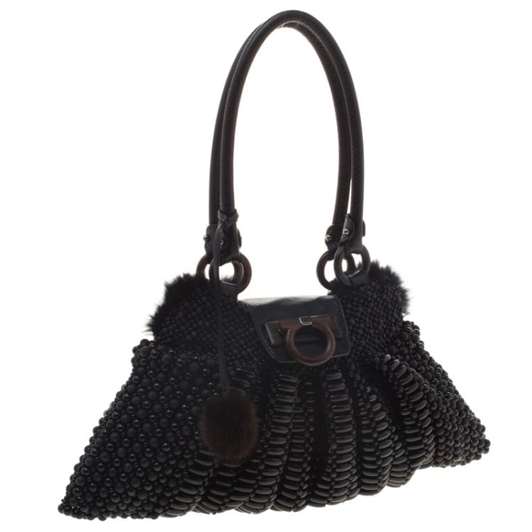 Pre Owned Salvatore Ferragamo Black Beaded and Lizard Trim with Fur Lining Tote