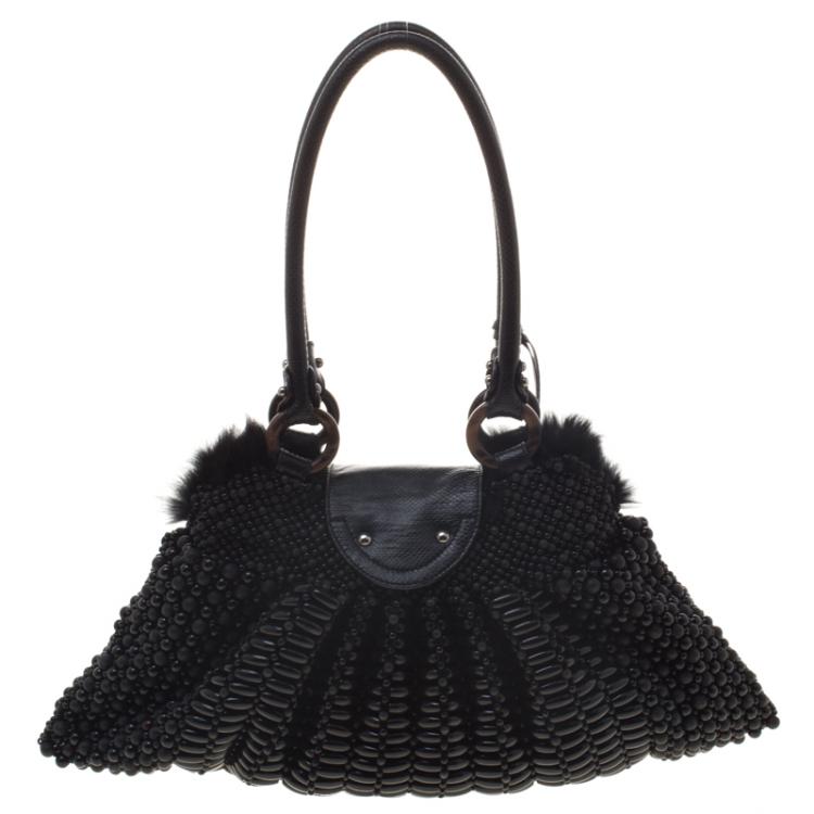 Pre Owned Salvatore Ferragamo Black Beaded and Lizard Trim with Fur Lining Tote