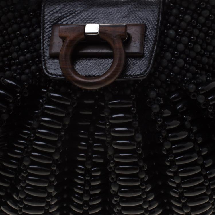 Pre Owned Salvatore Ferragamo Black Beaded and Lizard Trim with Fur Lining Tote