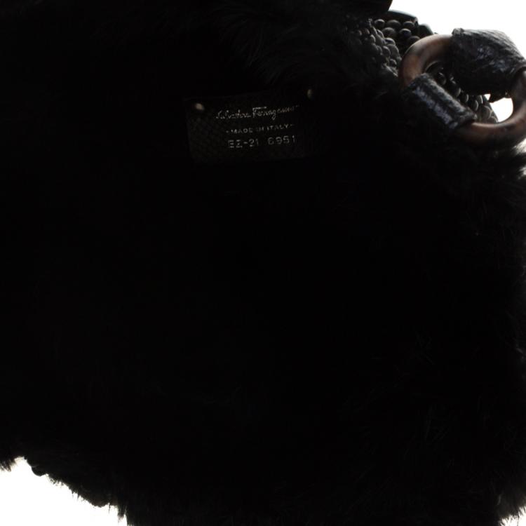 Pre Owned Salvatore Ferragamo Black Beaded and Lizard Trim with Fur Lining Tote