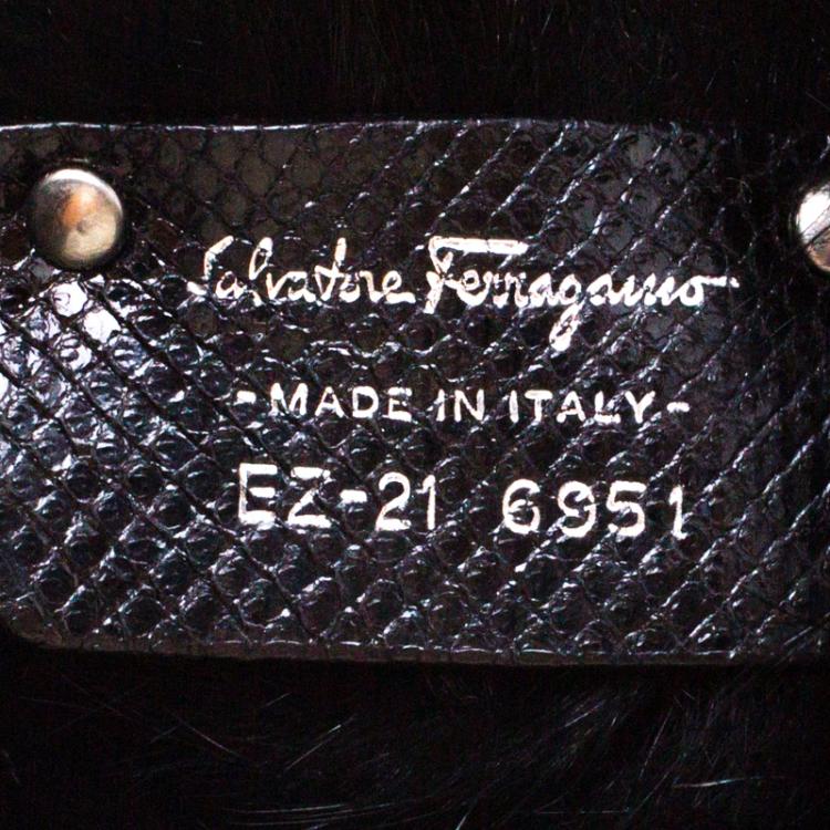 Pre Owned Salvatore Ferragamo Black Beaded and Lizard Trim with Fur Lining Tote
