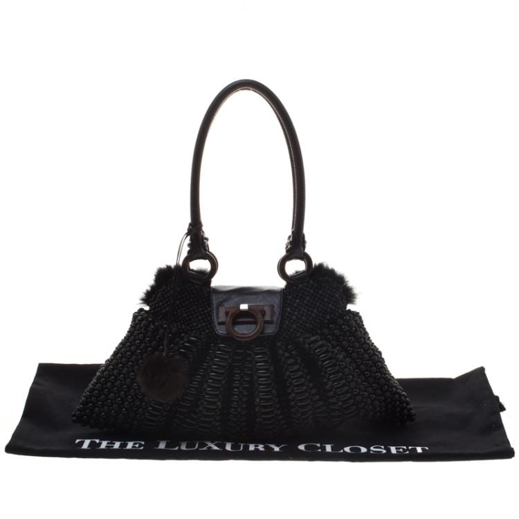 Pre Owned Salvatore Ferragamo Black Beaded and Lizard Trim with Fur Lining Tote