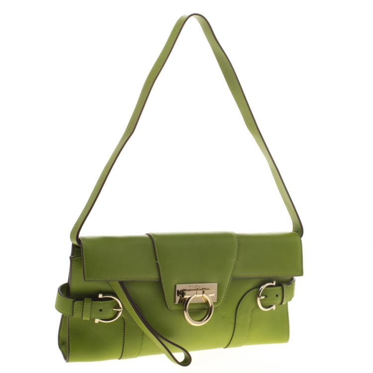 Pre Owned Salvatore Ferragamo Green Leather Shoulder Bag