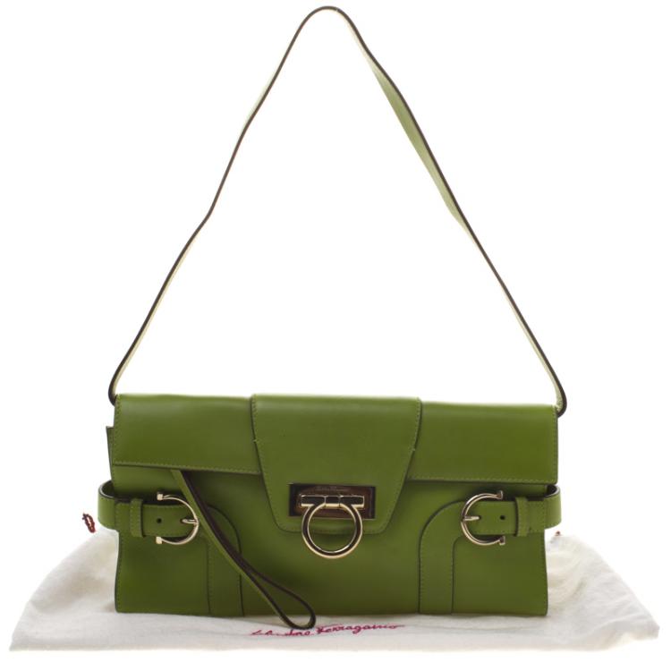 Pre Owned Salvatore Ferragamo Green Leather Shoulder Bag