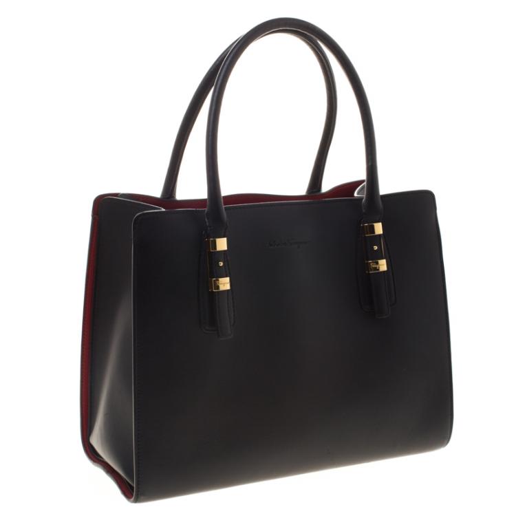Pre Owned Salvatore Ferragamo Black Leather Dual Compartment Tote
