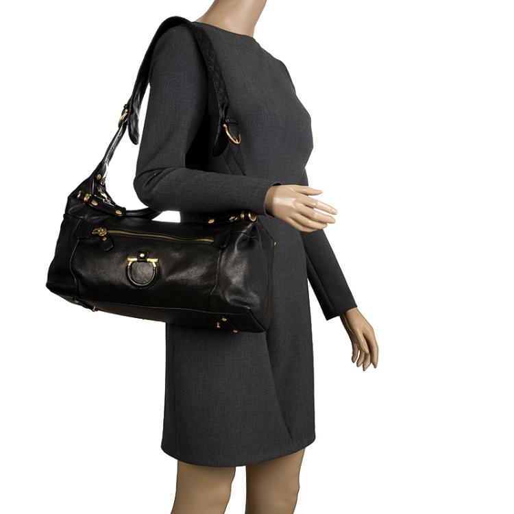 【関税&送料込】Salvatore Ferragamo Black Leather Tessie 70 Salvatore Ferragamo Black Leather Satchel Salvatore