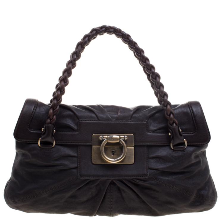 Pre Owned Salvatore Ferragamo Dark Brown Leather Braided Satchel