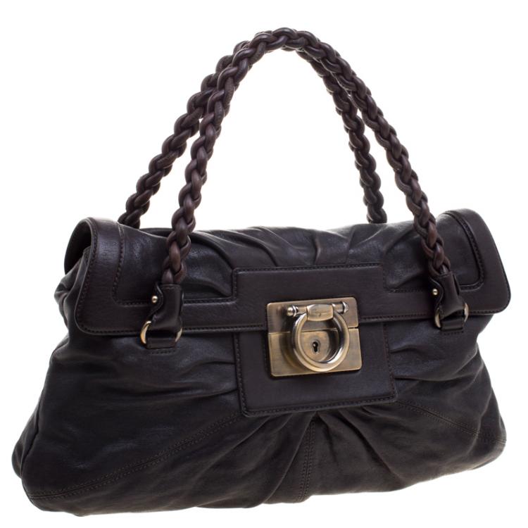 Pre Owned Salvatore Ferragamo Dark Brown Leather Braided Satchel