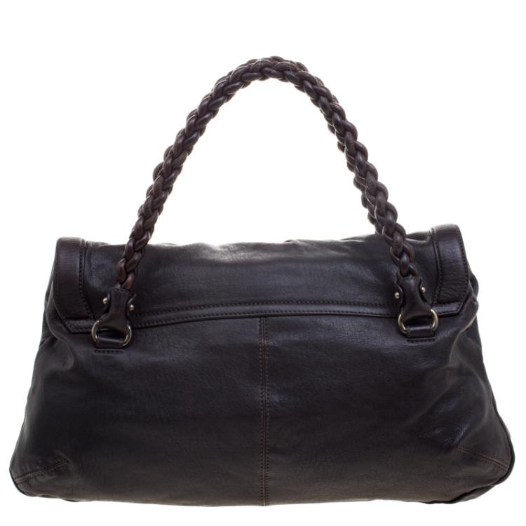Pre Owned Salvatore Ferragamo Dark Brown Leather Braided Satchel