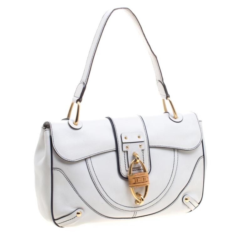 مملوكة مسبقًا Salvatore Ferragamo White Leather Bamboo Motif Shoulder Bag