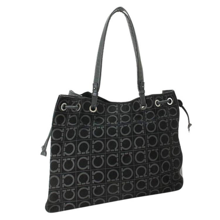 Pre Owned Salvatore Ferragamo Black Monogram Suede/Leather Tote