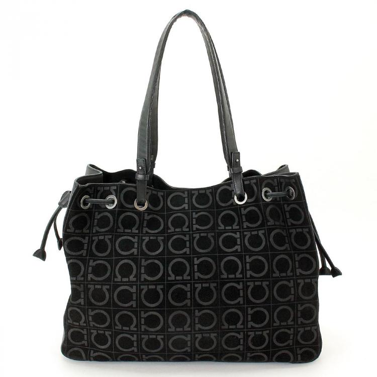Pre Owned Salvatore Ferragamo Black Monogram Suede/Leather Tote