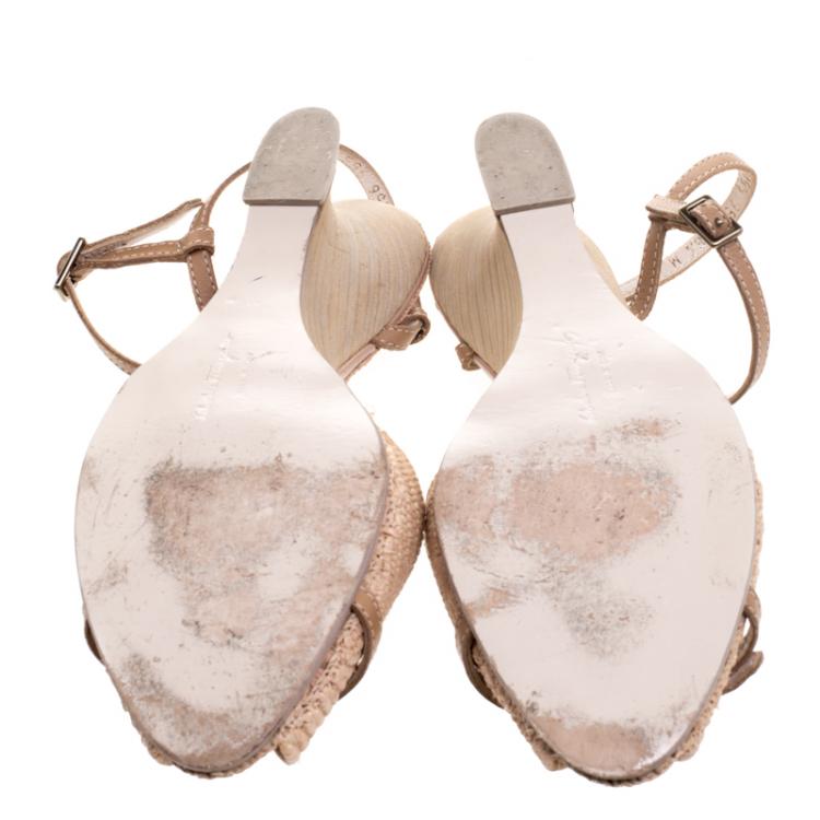 Pre Owned Salvatore Ferragamo Beige Raffia and Leather Ankle Strap Wedge Sandals Size 39