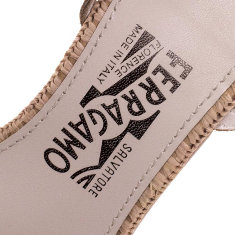 Pre Owned Salvatore Ferragamo Beige Raffia and Leather Ankle Strap Wedge Sandals Size 39