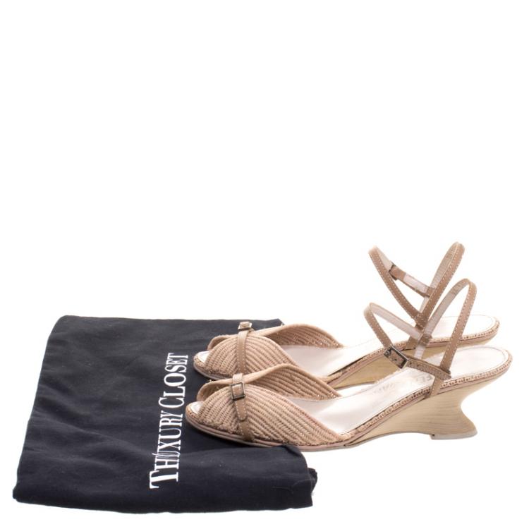 Pre Owned Salvatore Ferragamo Beige Raffia and Leather Ankle Strap Wedge Sandals Size 39